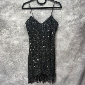 VTG Y2K Scarlett Sequin Beaded Fringe Mini Dress Size 11-12 Black Flapper NYE